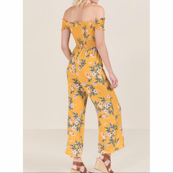 Francesca’s Yellow Floral Off Shoulder Jumpsuit - Picture 4 of 5